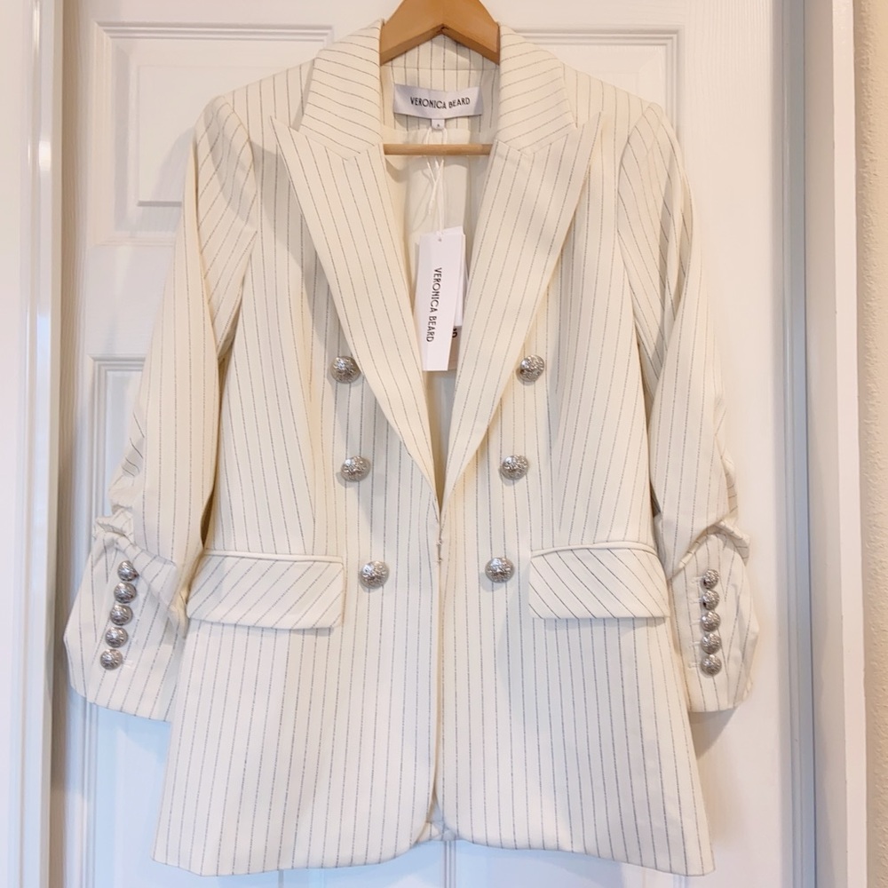 NWT $798 Veronica Beard Beacon Dickey Pinstriped Jacquard Blazer - Picture 3 of 12